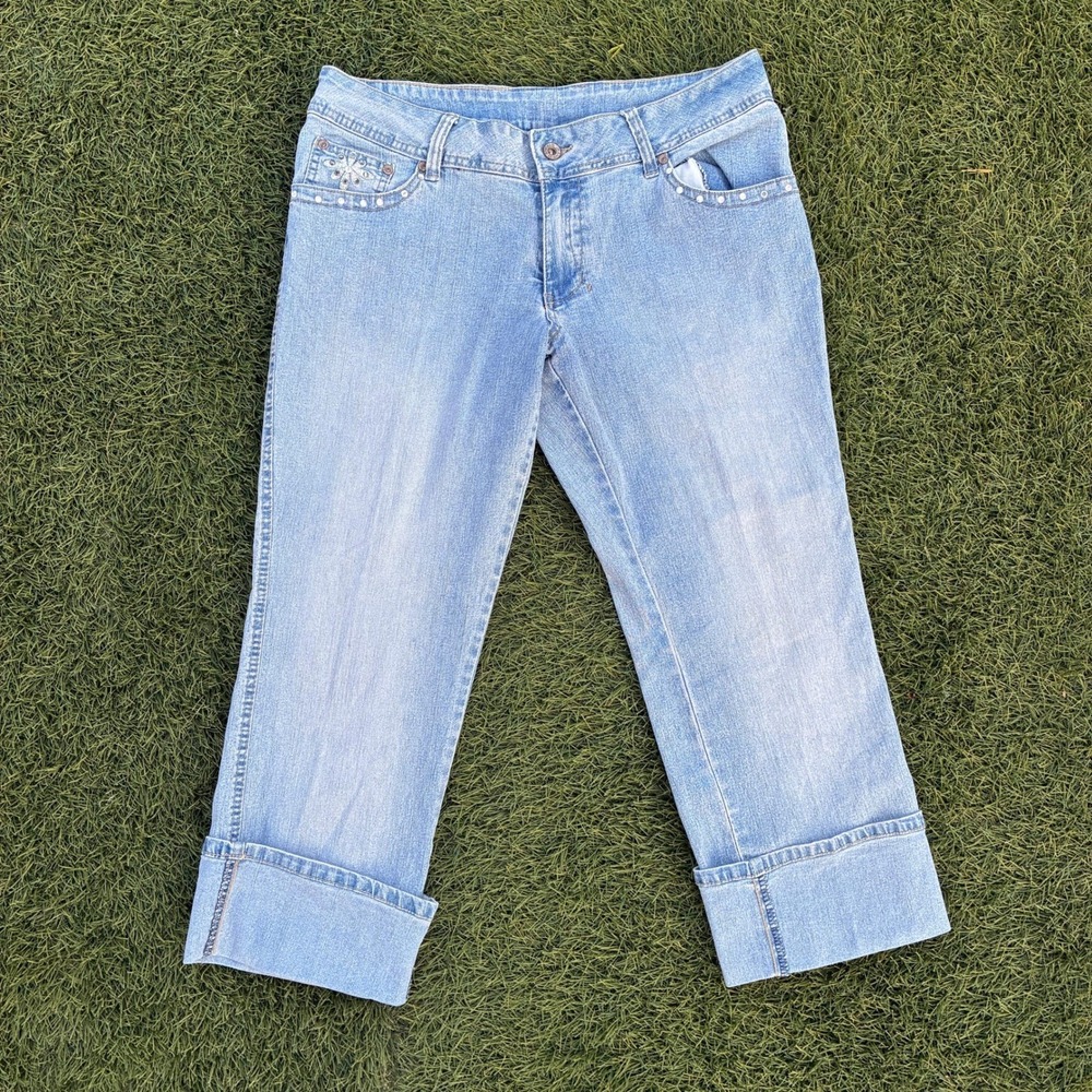 Angels Jeans Womens Size 33x23 Rhinestone Embellished Cuffed Capri Y2K Faded 90s